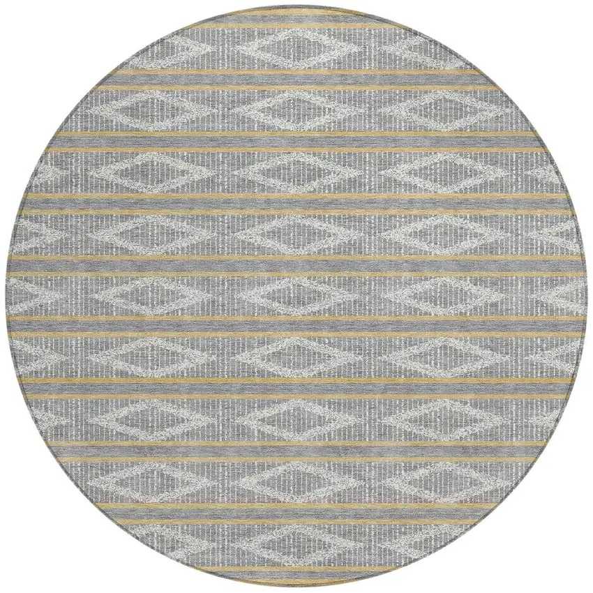 8' Gray Ivory And Brown Round Geometric Washable Indoor Outdoor Area Rug Photo 5