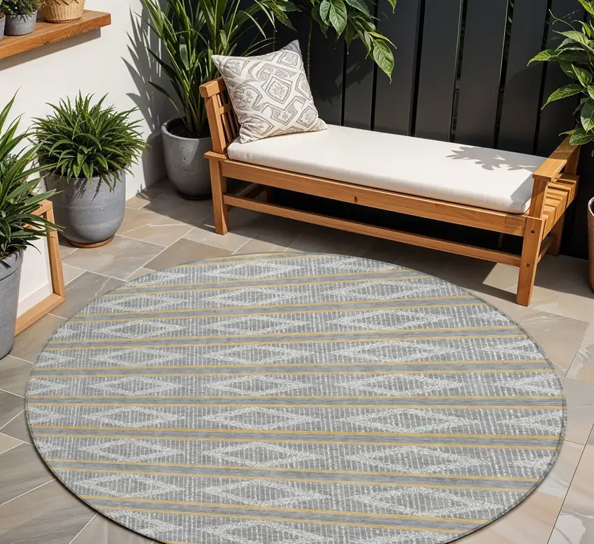 8' Gray Ivory And Brown Round Geometric Washable Indoor Outdoor Area Rug Photo 1