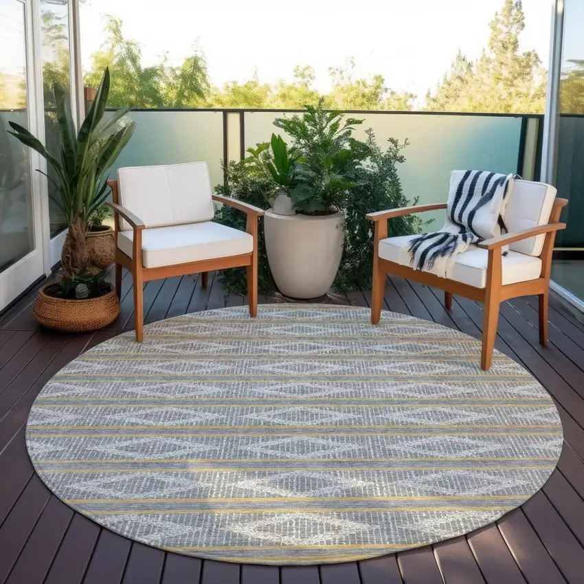 8' Gray Ivory And Brown Round Geometric Washable Indoor Outdoor Area Rug Photo 7