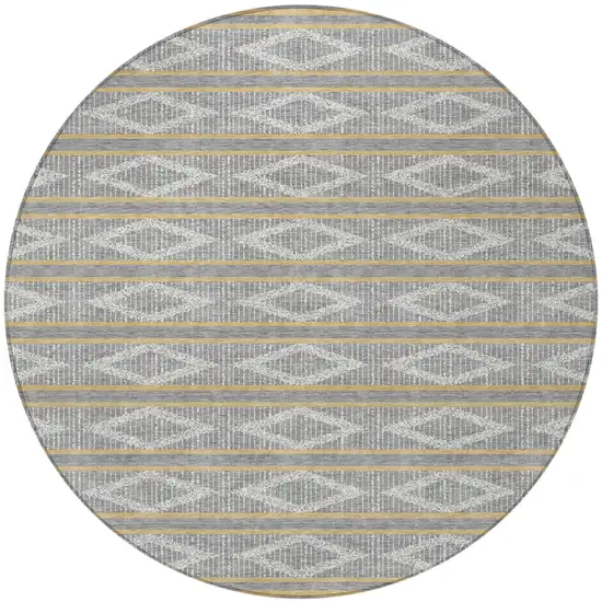 8' Gray Ivory And Brown Round Geometric Washable Indoor Outdoor Area Rug Photo 6