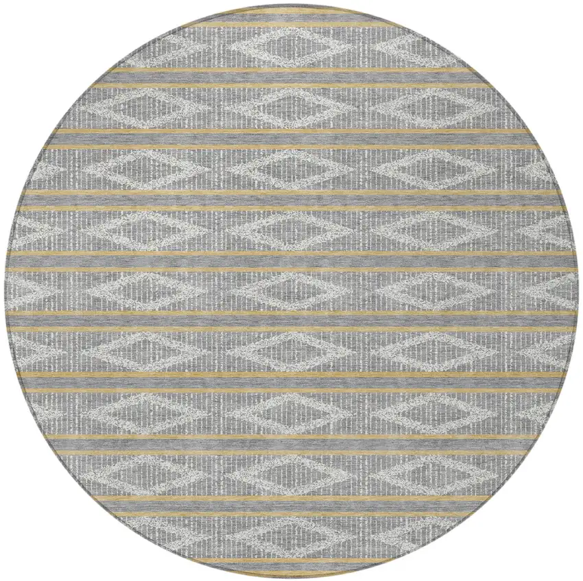 8' Gray Ivory And Brown Round Geometric Washable Indoor Outdoor Area Rug Photo 6