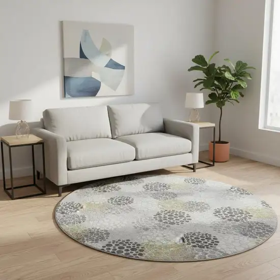 8' Gray Ivory And Charcoal Polka Dot Washable Round Rug With UV Protection Photo 2
