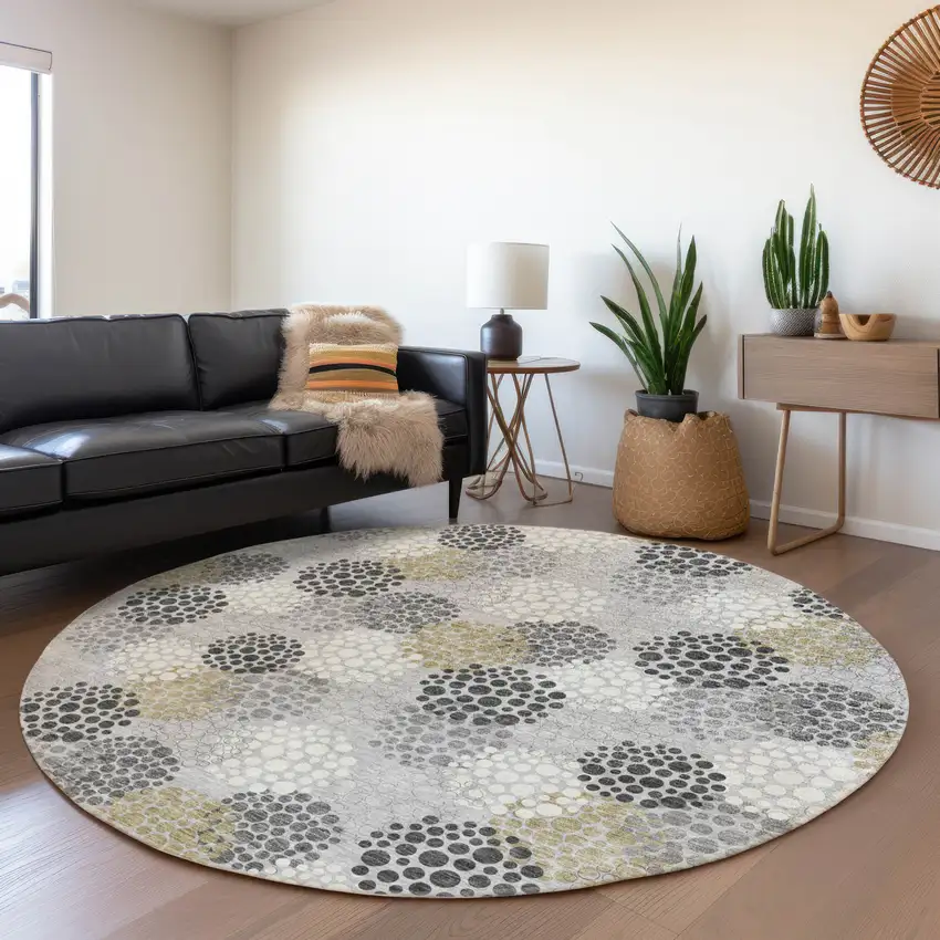 8' Gray Ivory And Charcoal Polka Dot Washable Round Rug With UV Protection Photo 5