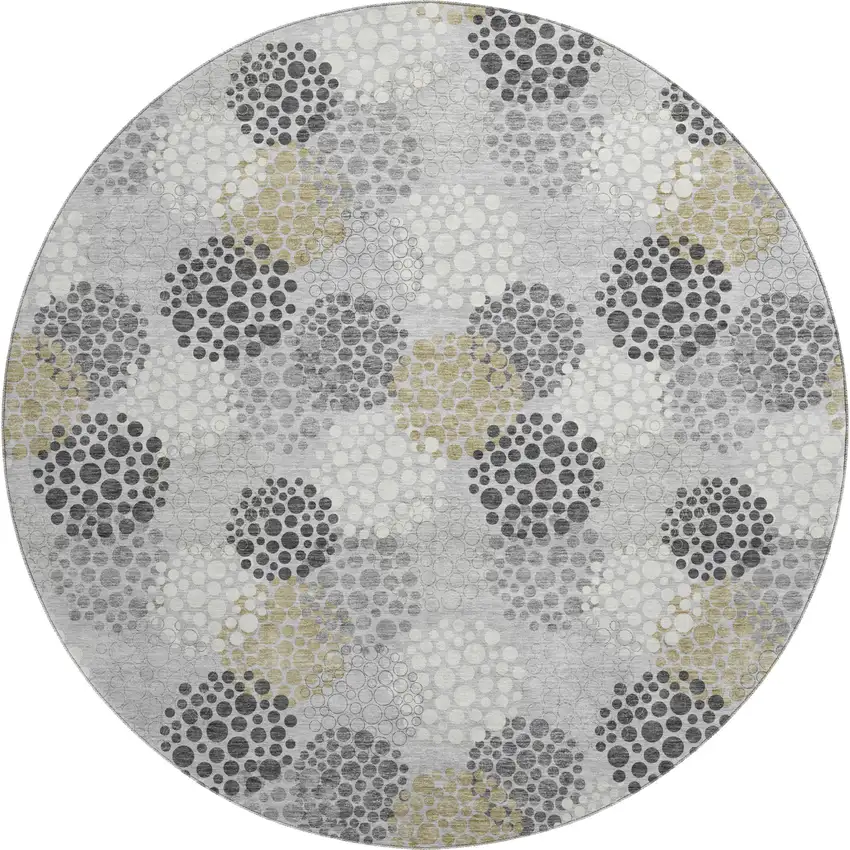8' Gray Ivory And Charcoal Polka Dot Washable Round Rug With UV Protection Photo 1