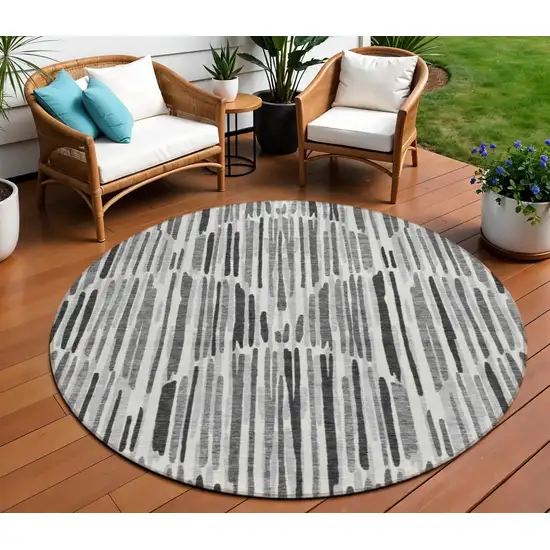 8' Gray Ivory And Charcoal Round Abstract Washable Indoor Outdoor Area Rug Photo 1
