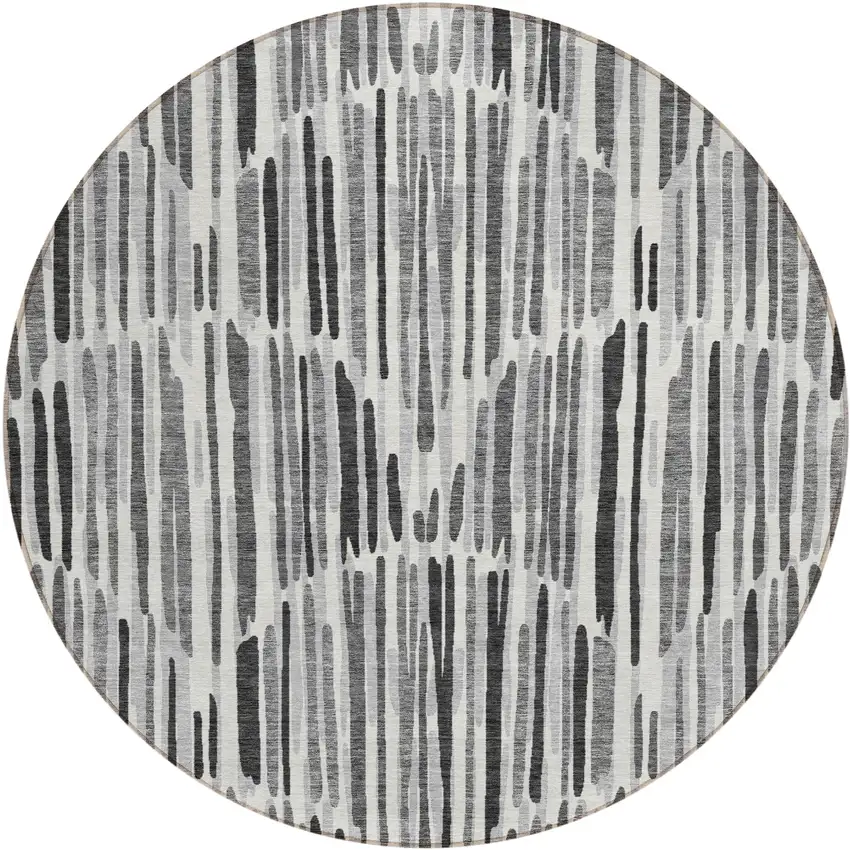 8' Gray Ivory And Charcoal Round Abstract Washable Indoor Outdoor Area Rug Photo 1