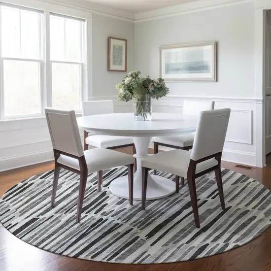 8' Gray Ivory And Charcoal Round Abstract Washable Indoor Outdoor Area Rug Photo 7
