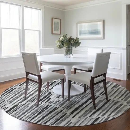 8' Gray Ivory And Charcoal Round Abstract Washable Indoor Outdoor Area Rug Photo 7