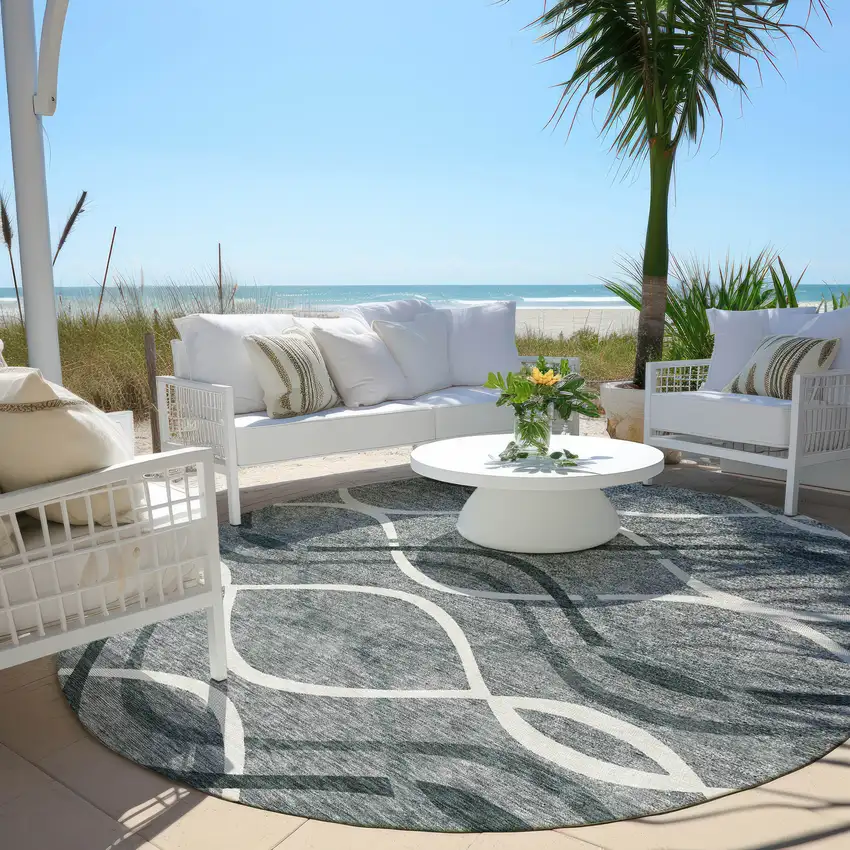 8' Gray Ivory And Charcoal Round Abstract Washable Indoor Outdoor Area Rug Photo 6