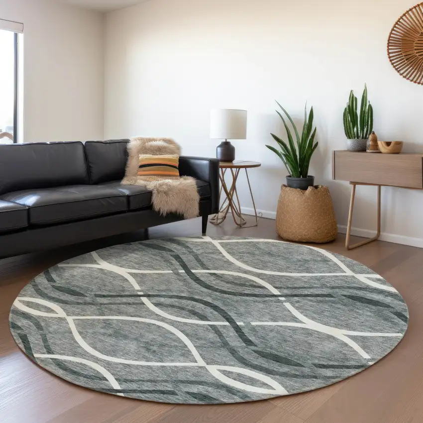8' Gray Ivory And Charcoal Round Abstract Washable Indoor Outdoor Area Rug Photo 7