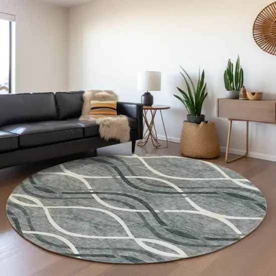 8' Gray Ivory And Charcoal Round Abstract Washable Indoor Outdoor Area Rug Photo 7