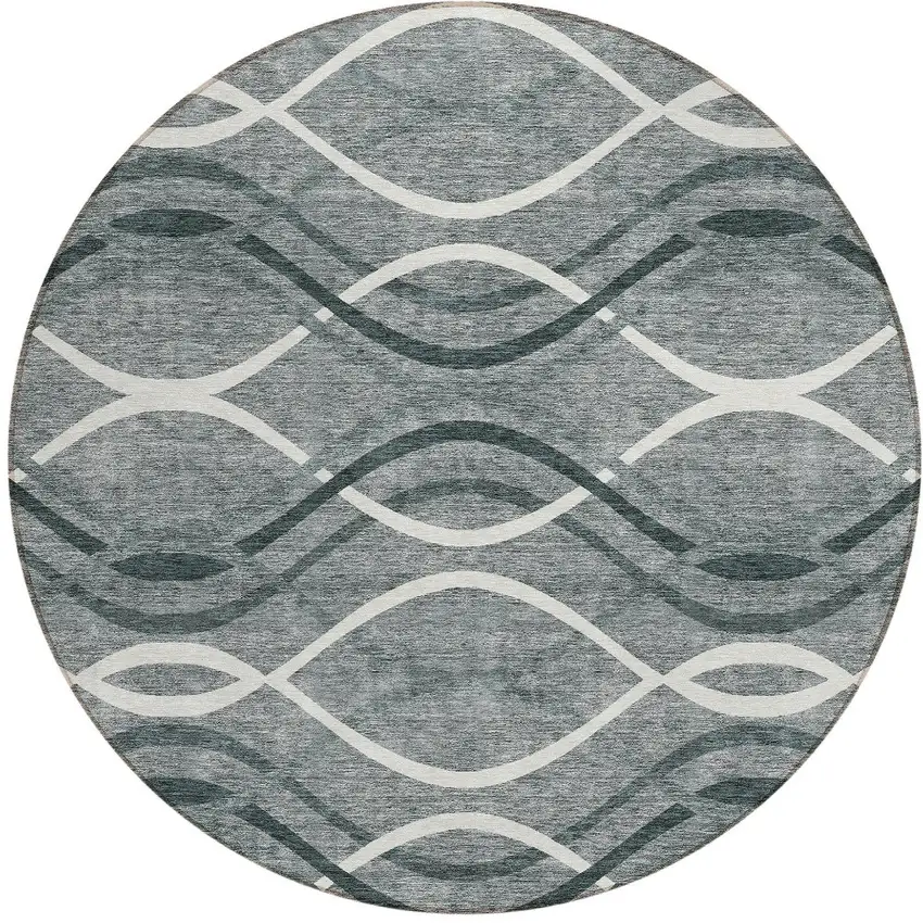 8' Gray Ivory And Charcoal Round Abstract Washable Indoor Outdoor Area Rug Photo 4