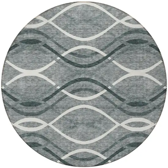 8' Gray Ivory And Charcoal Round Abstract Washable Indoor Outdoor Area Rug Photo 6