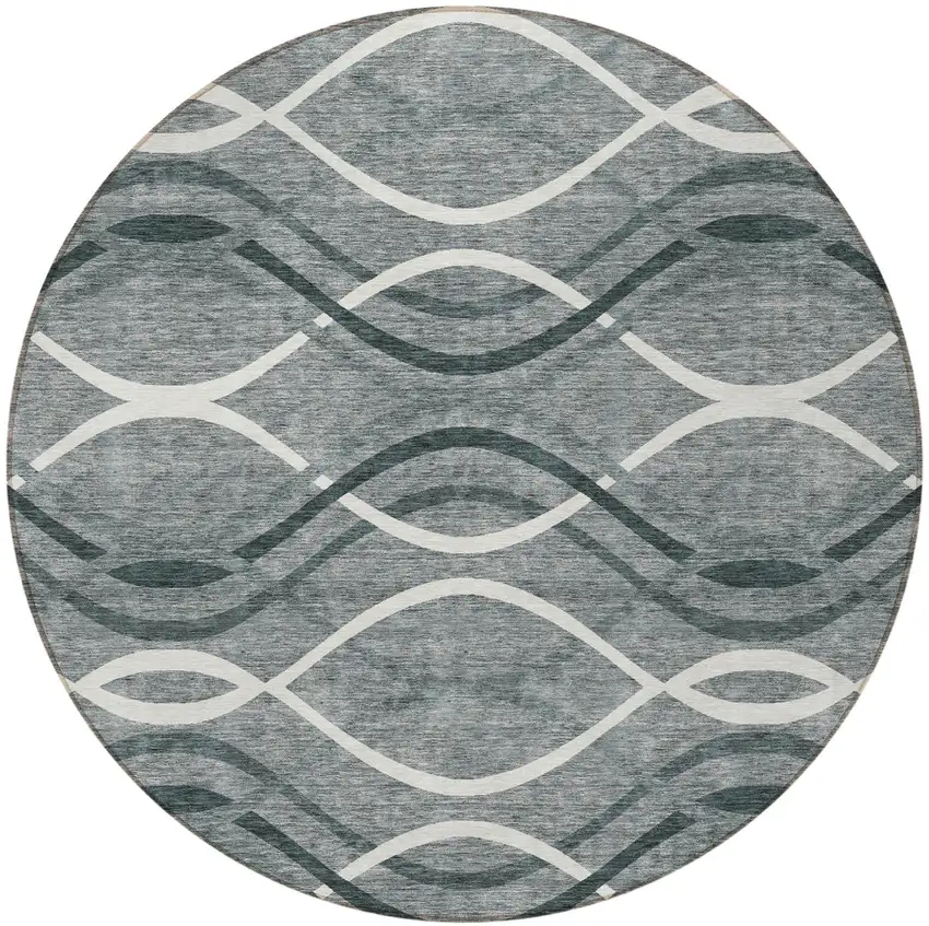 8' Gray Ivory And Charcoal Round Abstract Washable Indoor Outdoor Area Rug Photo 6