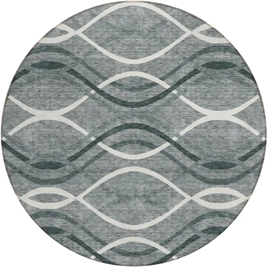 8' Gray Ivory And Charcoal Round Abstract Washable Indoor Outdoor Area Rug Photo 1