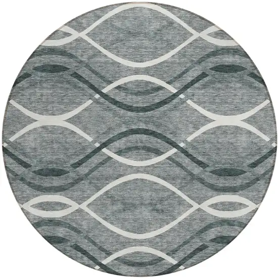 8' Gray Ivory And Charcoal Round Abstract Washable Indoor Outdoor Area Rug Photo 1