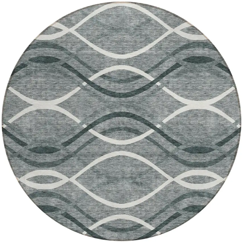 8' Gray Ivory And Charcoal Round Abstract Washable Indoor Outdoor Area Rug Photo 1