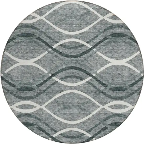 8' Gray Ivory And Charcoal Round Abstract Washable Indoor Outdoor Area Rug Photo 1