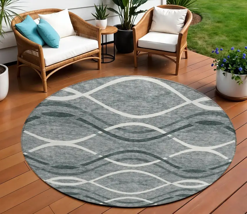 8' Gray Ivory And Charcoal Round Abstract Washable Indoor Outdoor Area Rug Photo 1