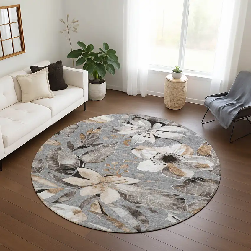 8' Gray Ivory And Charcoal Round Floral Washable Indoor Outdoor Area Rug Photo 9