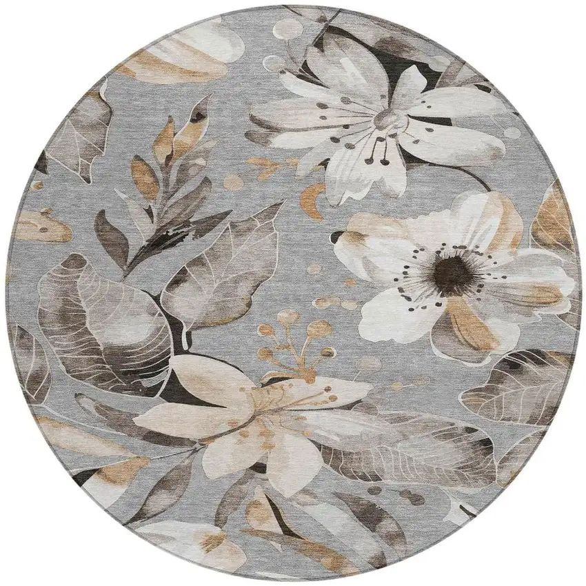 8' Gray Ivory And Charcoal Round Floral Washable Indoor Outdoor Area Rug Photo 4
