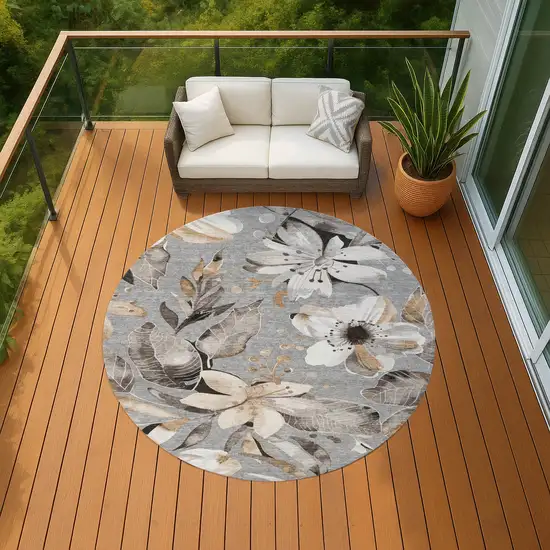 8' Gray Ivory And Charcoal Round Floral Washable Indoor Outdoor Area Rug Photo 8