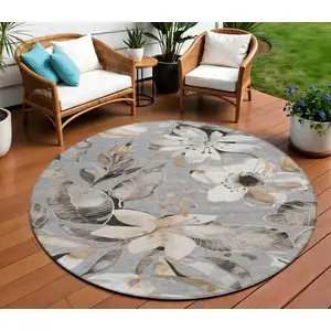 Photo of 8' Gray Ivory And Charcoal Round Floral Washable Indoor Outdoor Area Rug