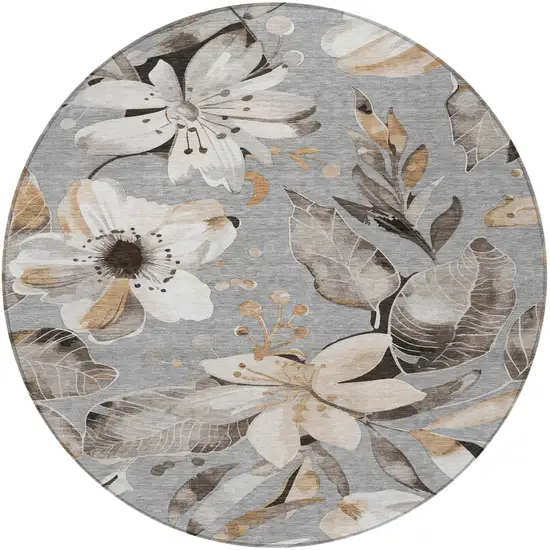 8' Gray Ivory And Charcoal Round Floral Washable Indoor Outdoor Area Rug Photo 5