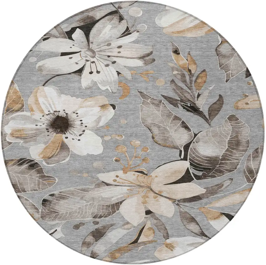 8' Gray Ivory And Charcoal Round Floral Washable Indoor Outdoor Area Rug Photo 5