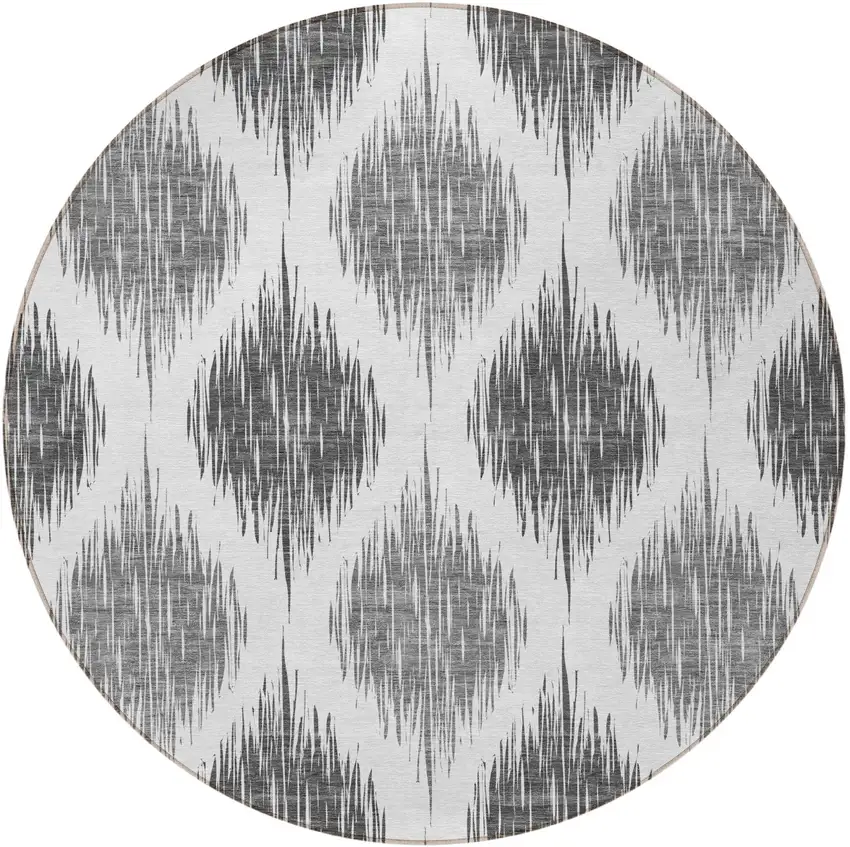 8' Gray Ivory And Charcoal Round Ikat Washable Indoor Outdoor Area Rug Photo 5