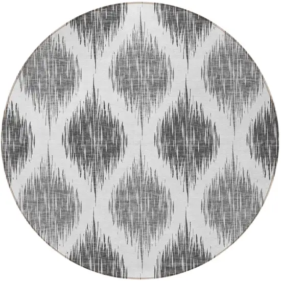 8' Gray Ivory And Charcoal Round Ikat Washable Indoor Outdoor Area Rug Photo 5