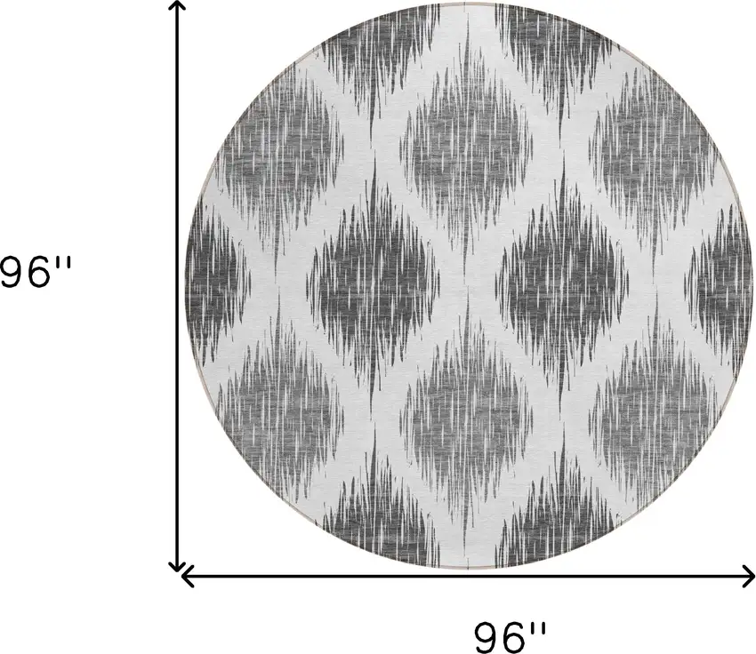 8' Gray Ivory And Charcoal Round Ikat Washable Indoor Outdoor Area Rug Photo 3