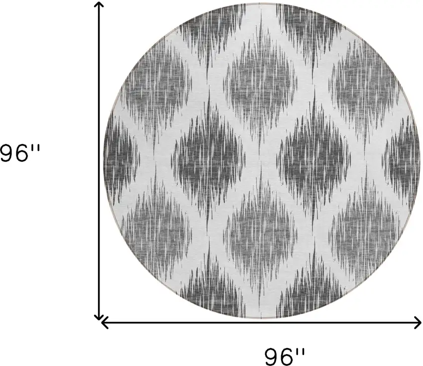 8' Gray Ivory And Charcoal Round Ikat Washable Indoor Outdoor Area Rug Photo 3