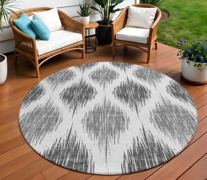 8' Gray Ivory And Charcoal Round Ikat Washable Indoor Outdoor Area Rug Photo 1