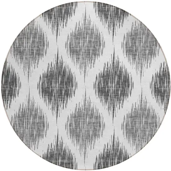 8' Gray Ivory And Charcoal Round Ikat Washable Indoor Outdoor Area Rug Photo 2