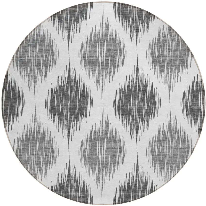 8' Gray Ivory And Charcoal Round Ikat Washable Indoor Outdoor Area Rug Photo 2