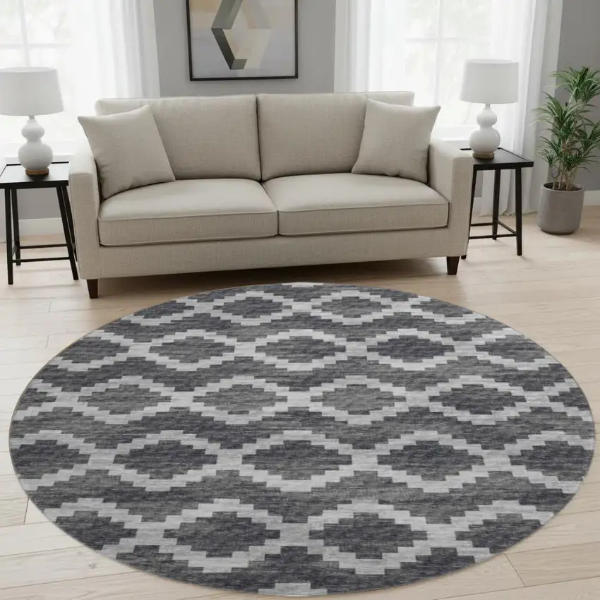 8' Gray Ivory And Charcoal Tribal Washable Round Rug With UV Protection Photo 1