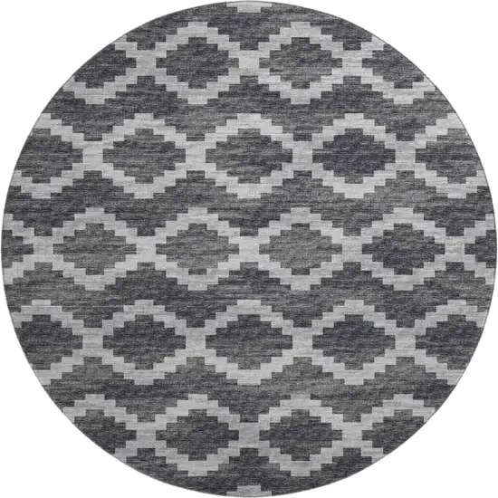 8' Gray Ivory And Charcoal Tribal Washable Round Rug With UV Protection Photo 2