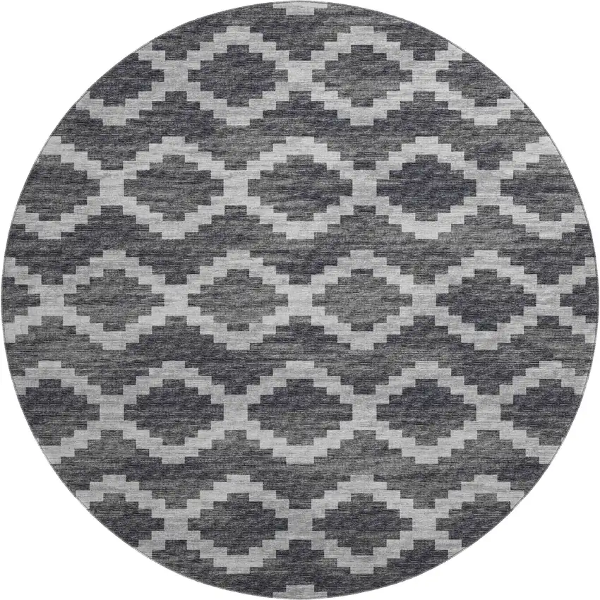 8' Gray Ivory And Charcoal Tribal Washable Round Rug With UV Protection Photo 2