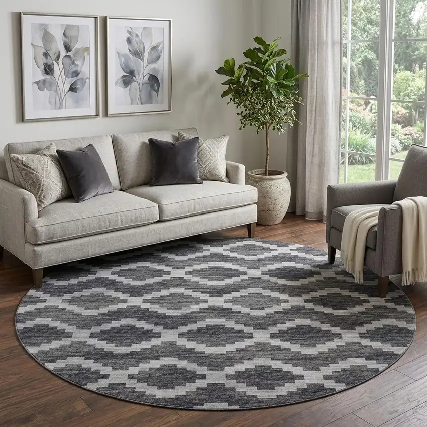8' Gray Ivory And Charcoal Tribal Washable Round Rug With UV Protection Photo 1
