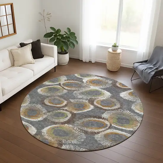 8' Gray Ivory And Copper Round Geometric Washable Indoor Outdoor Area Rug Photo 9