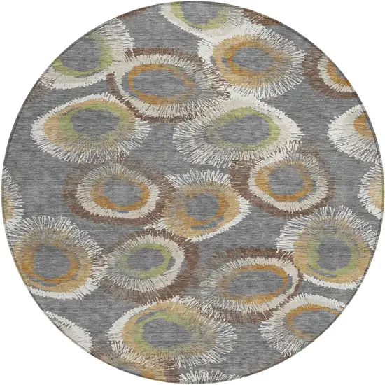 8' Gray Ivory And Copper Round Geometric Washable Indoor Outdoor Area Rug Photo 2
