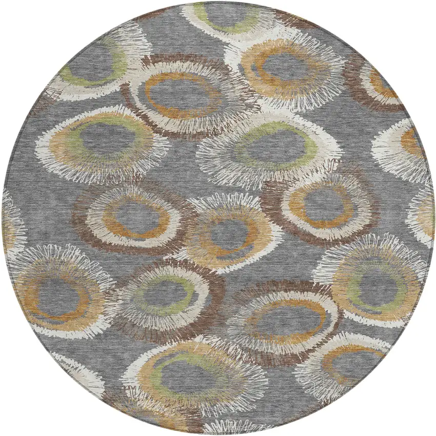 8' Gray Ivory And Copper Round Geometric Washable Indoor Outdoor Area Rug Photo 2