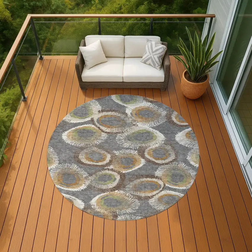 8' Gray Ivory And Copper Round Geometric Washable Indoor Outdoor Area Rug Photo 9