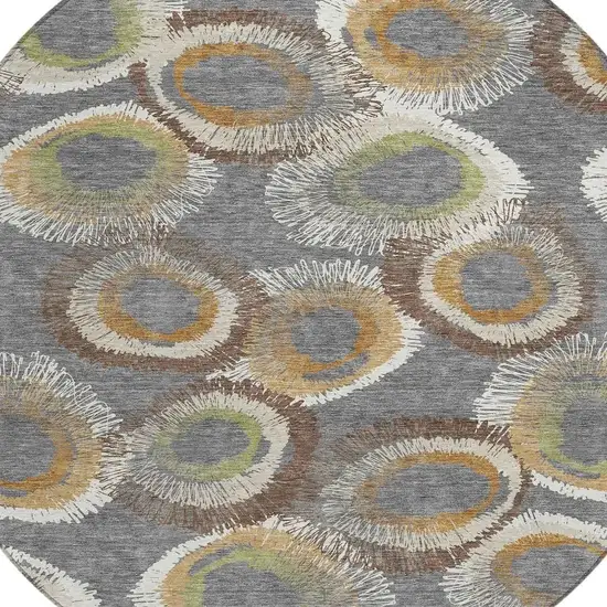 8' Gray Ivory And Copper Round Geometric Washable Indoor Outdoor Area Rug Photo 7