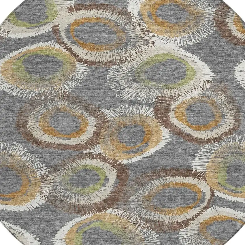 8' Gray Ivory And Copper Round Geometric Washable Indoor Outdoor Area Rug Photo 7