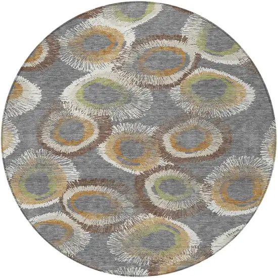 8' Gray Ivory And Copper Round Geometric Washable Indoor Outdoor Area Rug Photo 4