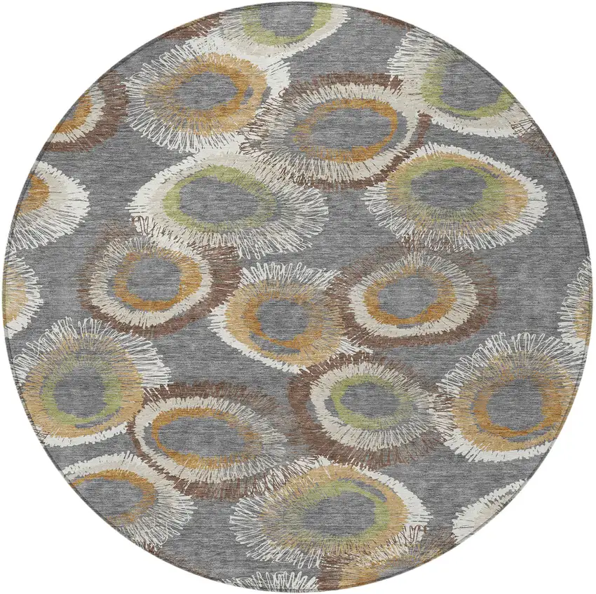 8' Gray Ivory And Copper Round Geometric Washable Indoor Outdoor Area Rug Photo 4
