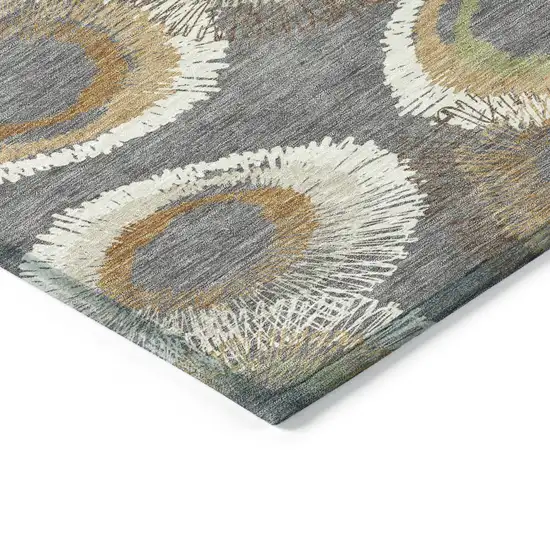 8' Gray Ivory And Copper Round Geometric Washable Indoor Outdoor Area Rug Photo 6