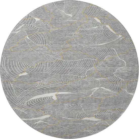 8' Gray Ivory And Gold Abstract Washable Round Rug With UV Protection Photo 3